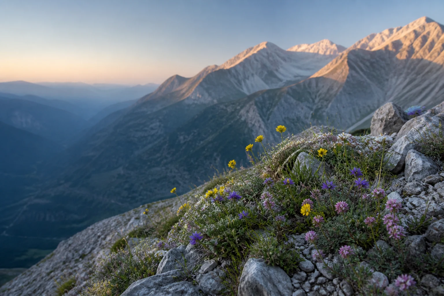 Wildflowers growing on a rocky Greek mountain slope at dawn